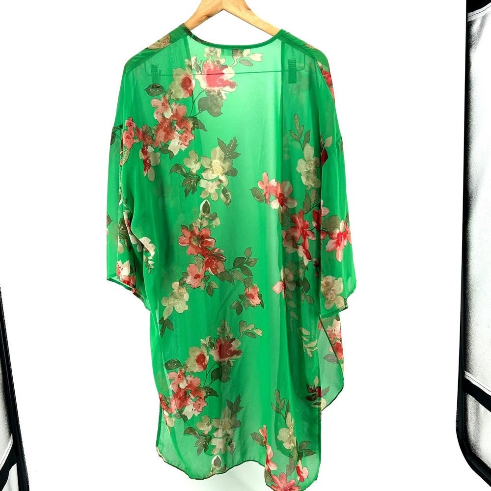 Bluivy Green Floral Print Sheer Chiffon Kimono Cardigan Swim Suit Coverup M/L - Picture 4 of 4